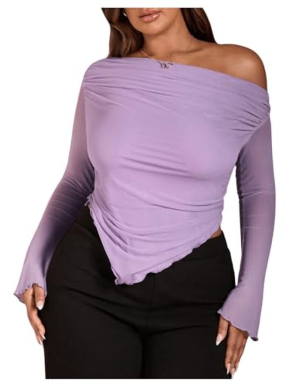 Plus Size Off Shoulder Mesh Long Sleeve Knit Top Ruched Asymmetrical Tee
